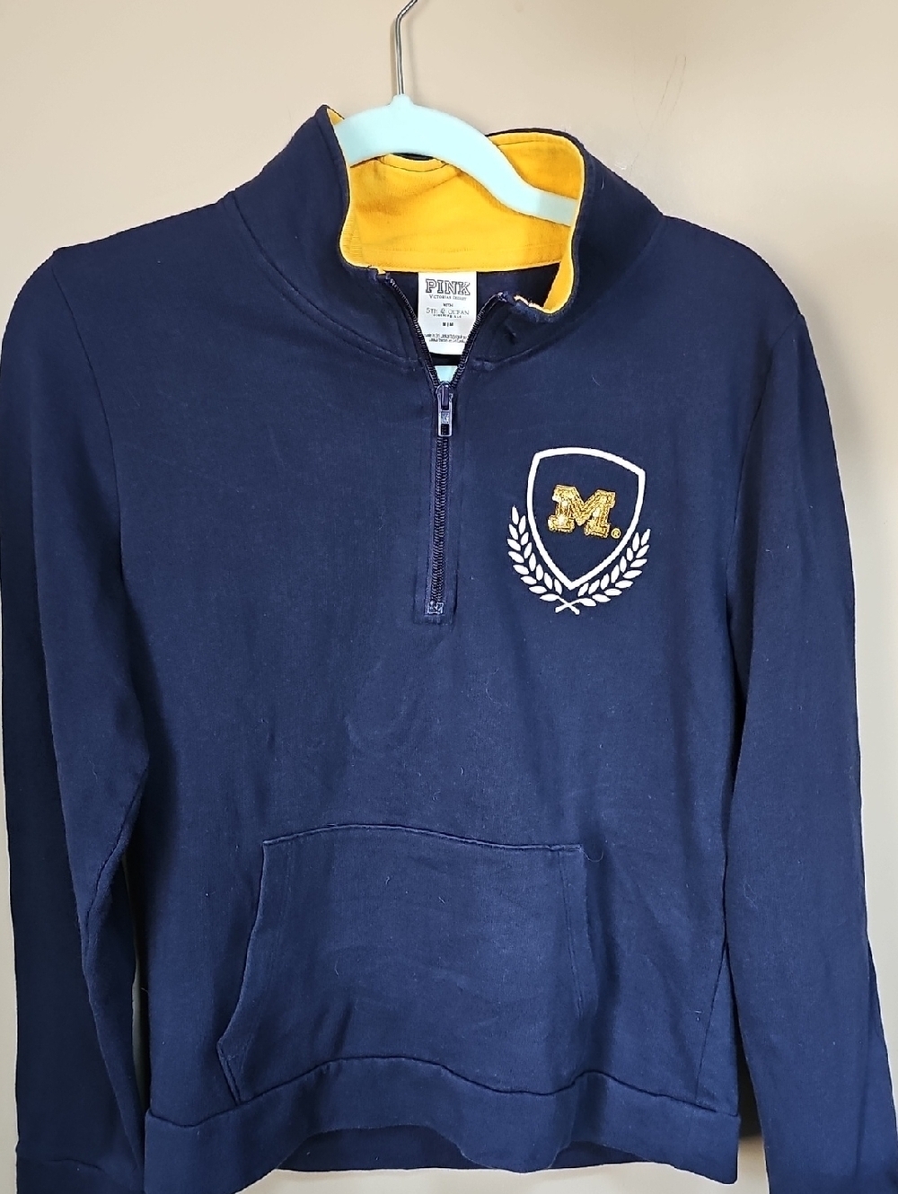PINK Victoria's Secret Navy Yellow U Of Michigan Wolverines Quarter-Zip Pullover